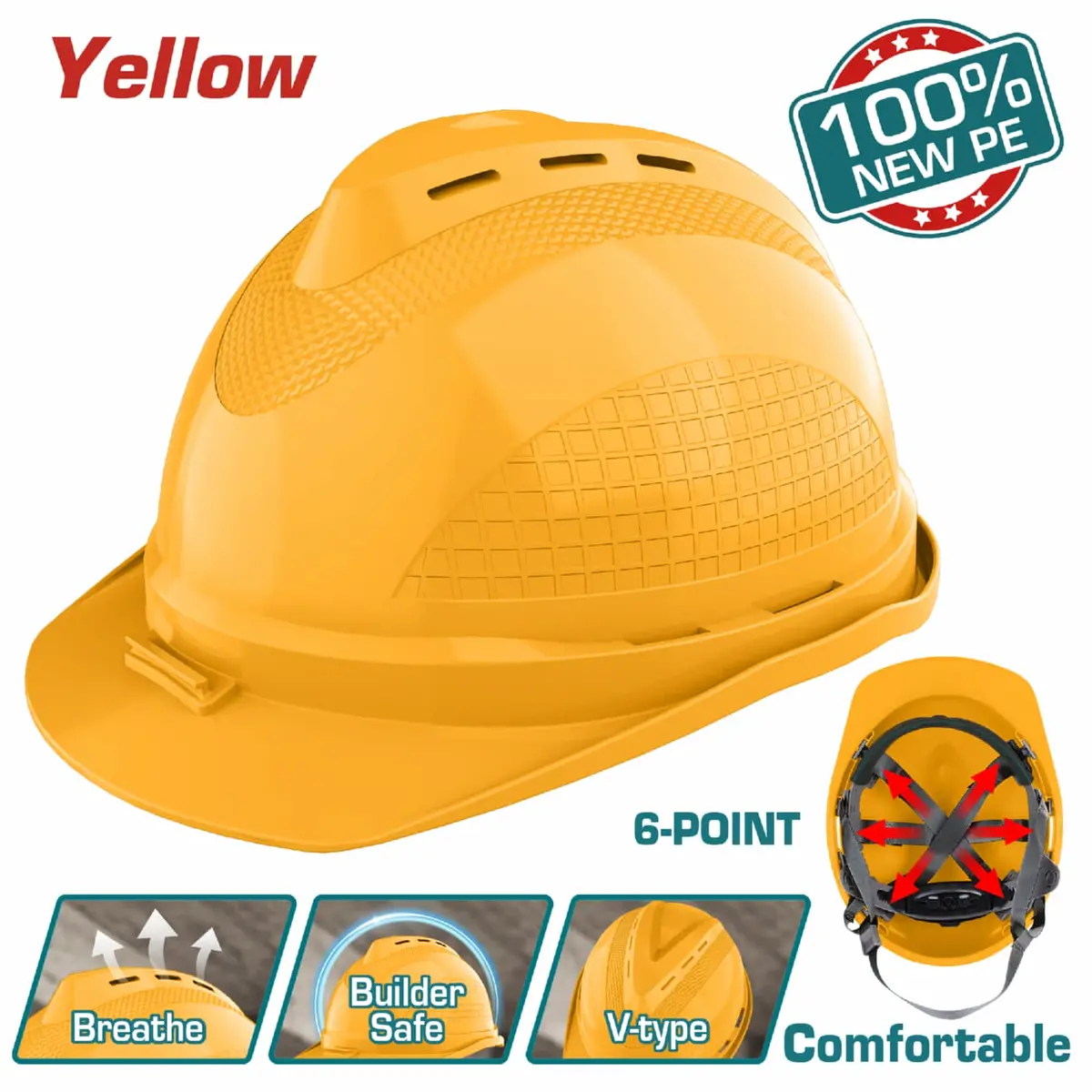 Casco De Seguridad Color Amarillo. 6 Puntos De Suspensión. Ajustable Con Perilla. Carcasa De Pe Con Respiraderos. 1