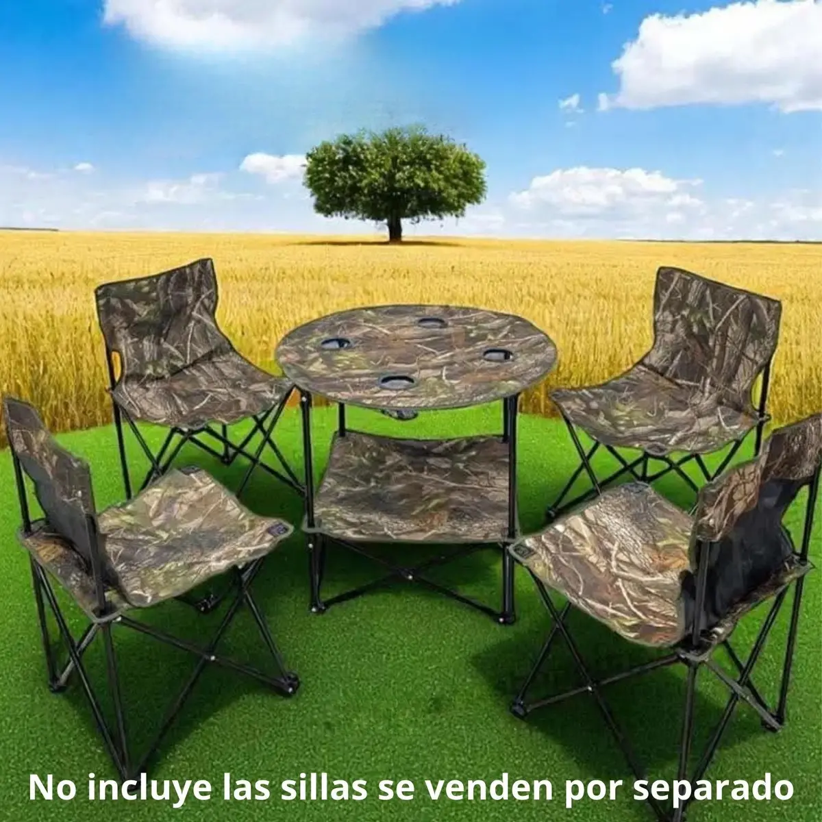 Mesa Plegable Redonda 60X60x70cm Tela Oxford Y Tubos De Acero Camping Camuflada Con Portavasos. Ideal Para Camping Playera Jardín Y Pesca. 1