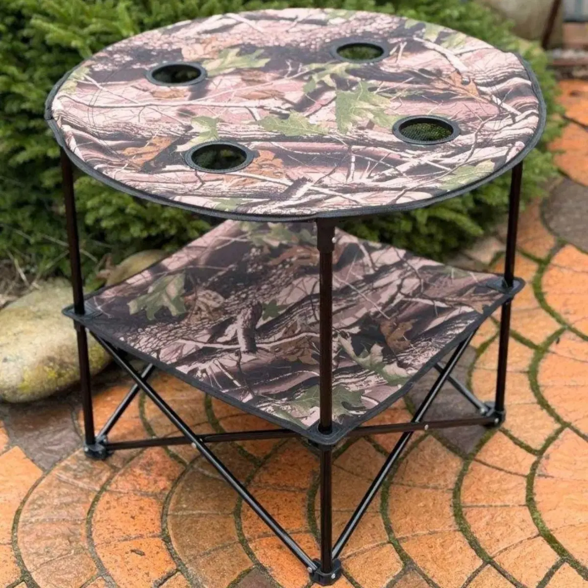 Mesa Plegable Redonda 60X60x70cm Tela Oxford Y Tubos De Acero Camping Camuflada Con Portavasos. Ideal Para Camping Playera Jardín Y Pesca. 2