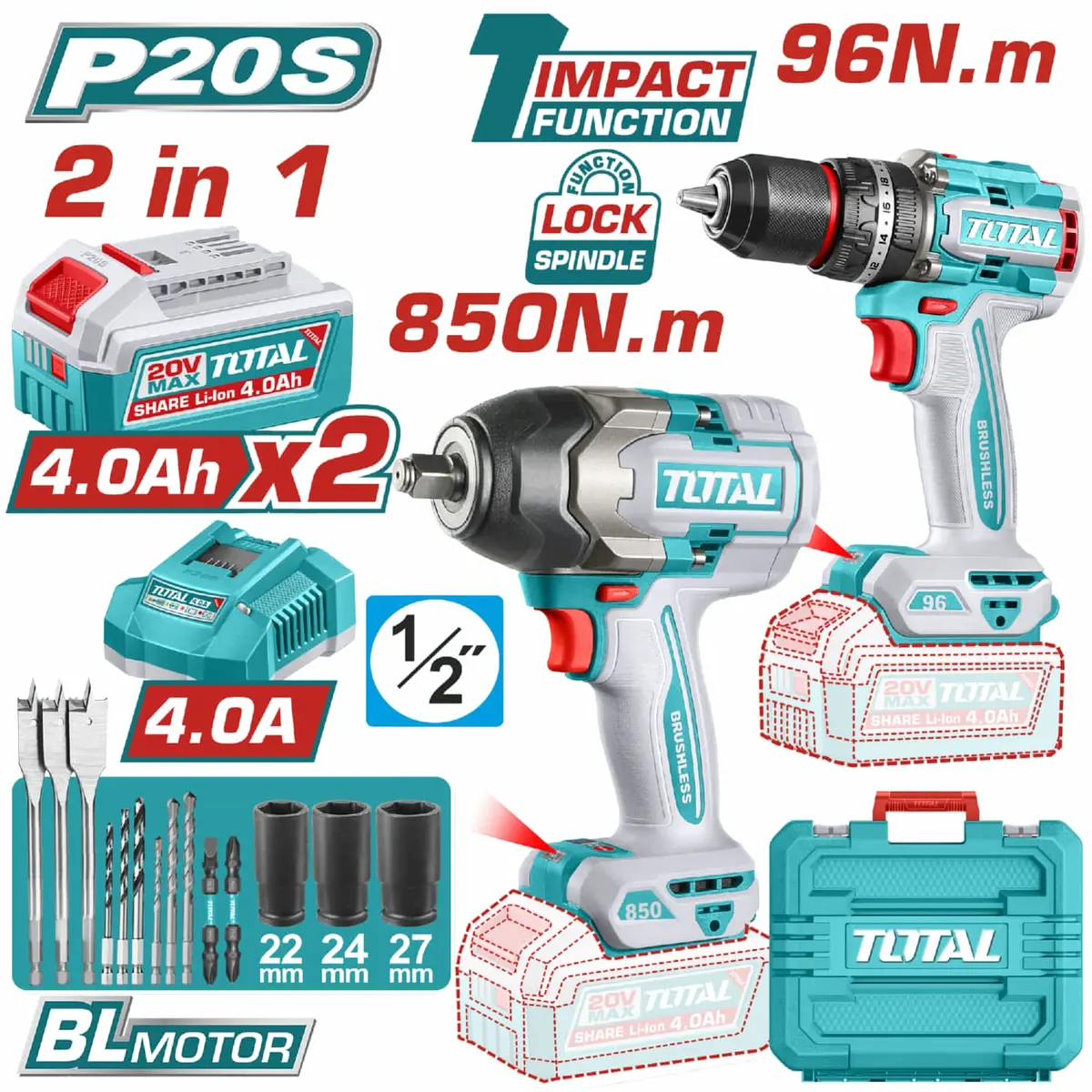 Super Combo Total 20V Taladro Percutor 96Nm  Y Llave De Impacto  850Nm Inalámbricas Poderosas Y Potentes Con Batería Y Cargador. Combos Pocas Unidades 1
