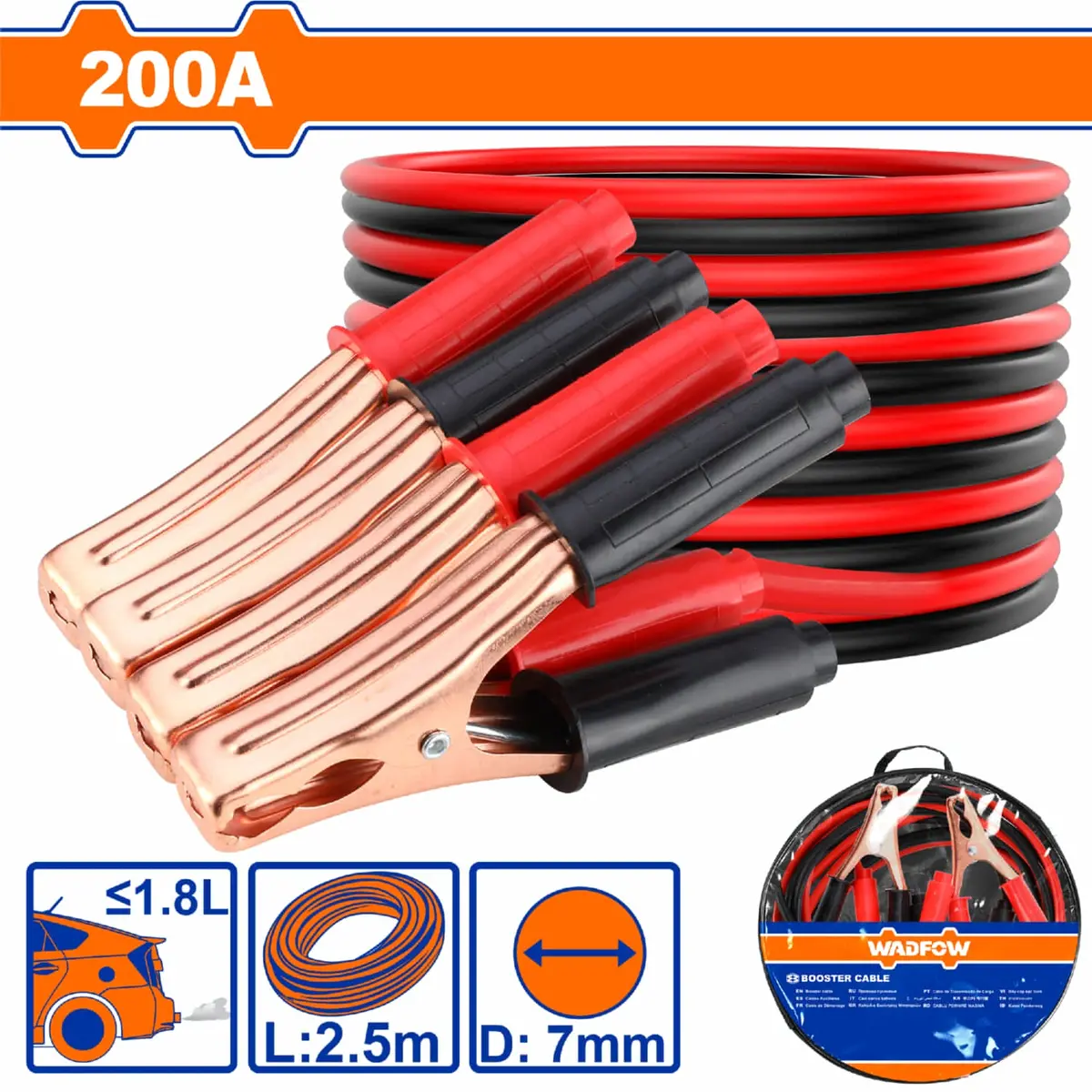Cable Jumper Para Batería 200Amp Long 2.5M Pinzas Cobre Autos Hasta 1.8L Diámetro 7Mm Cable De Arranque 1