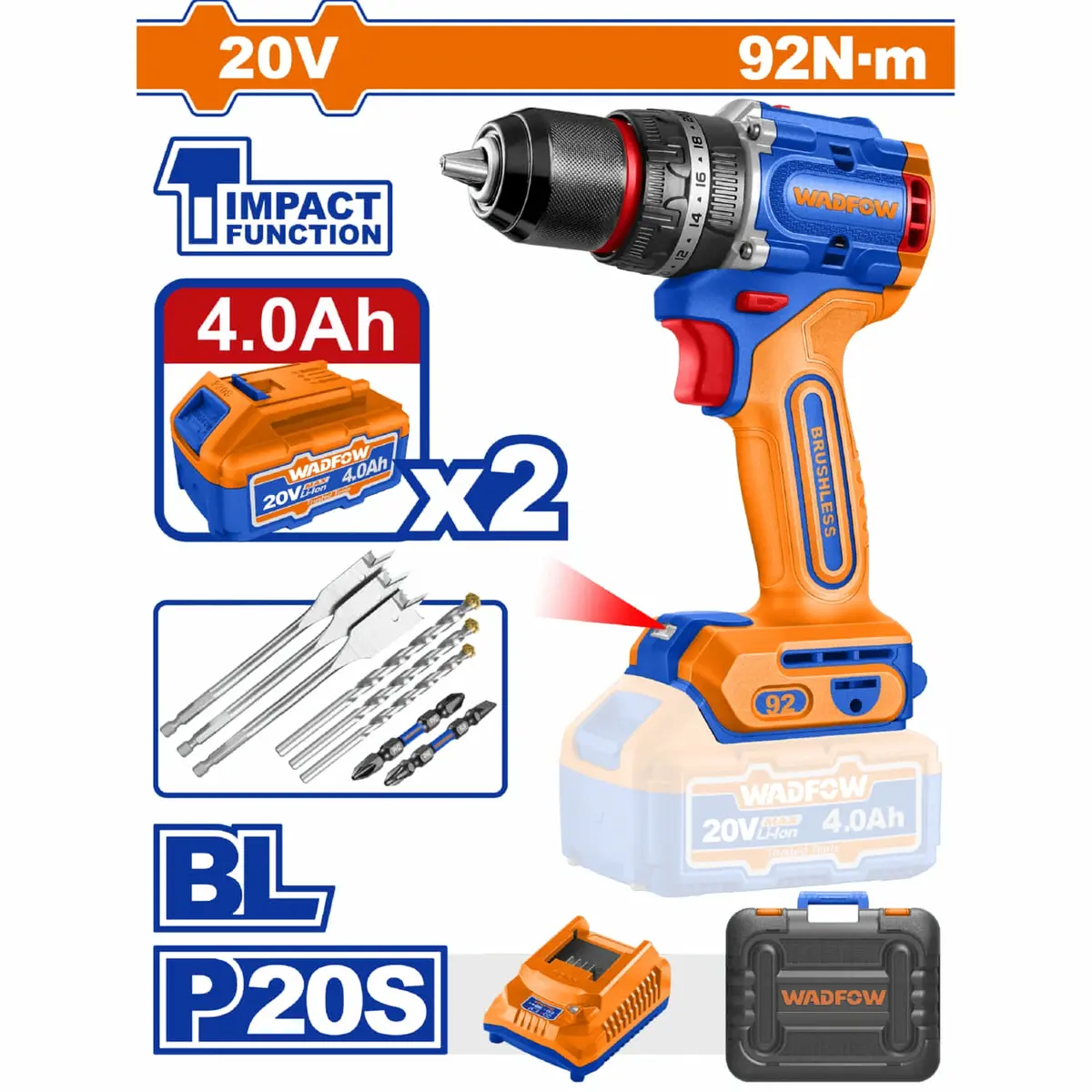 Drill Taladro De Impacto ½” 20V 92Nm 30000Bpm Motor Sin Escobillas. Incluye 2 Baterías 4.0Ah Y Cargador. 1