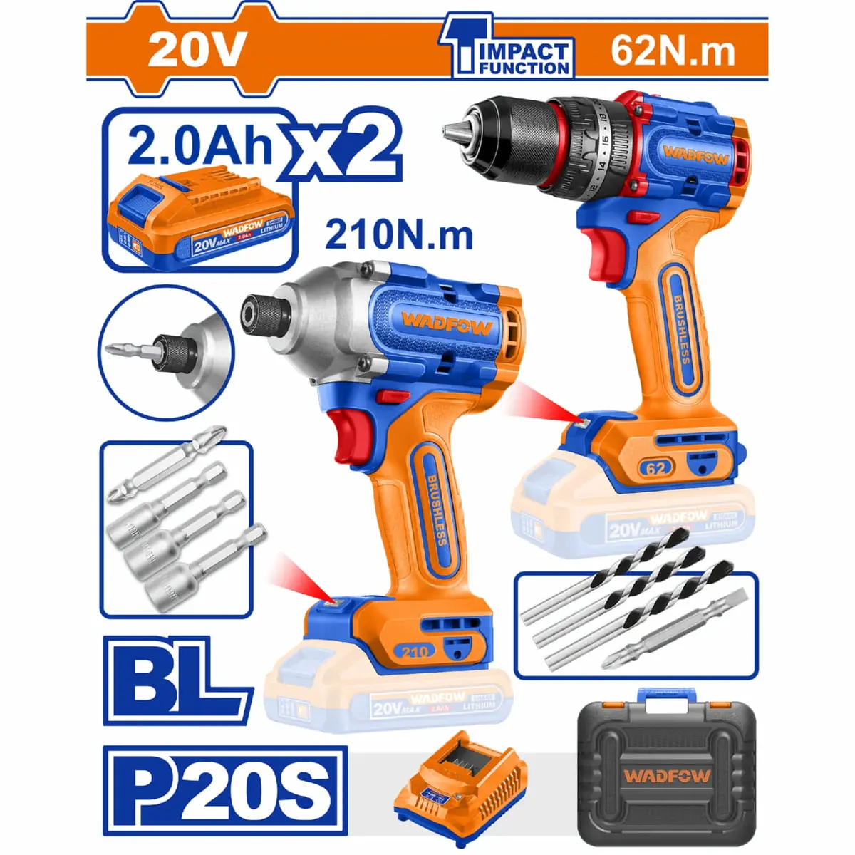 Combo Taladro Inálambrico 1/2" 62Nm Y Destornillador Impacto Punta 6.35Mm 210Nm Motor Sin Escobillas Incluye 2 Baterías Y Cargador. 1