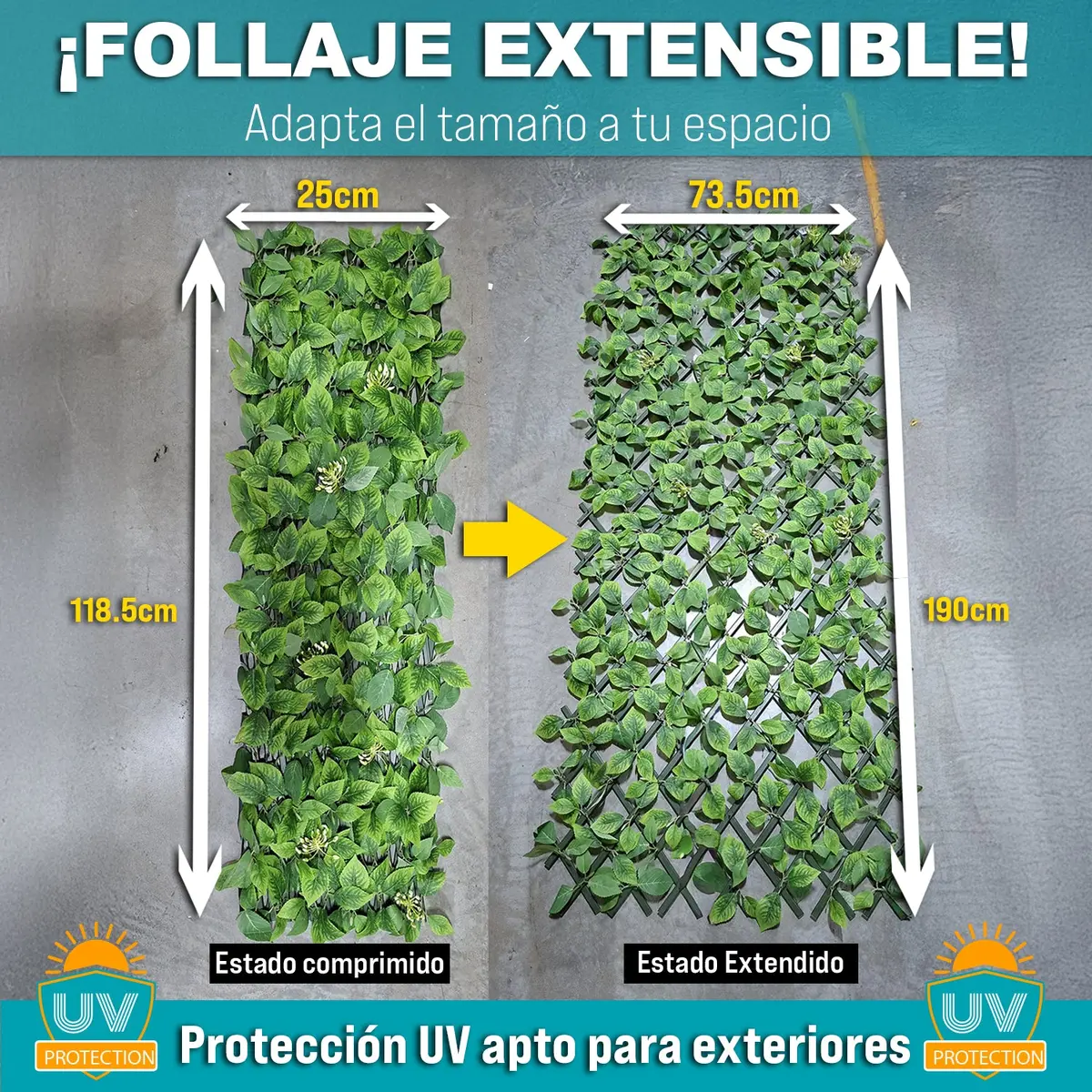 Follaje Artificial Valla Extensible 190 Cm X 73.5 Cm  Con Protección Uv Para Exteriores.Tipo Enrejado Verde (Con Proteccion Uv) 1