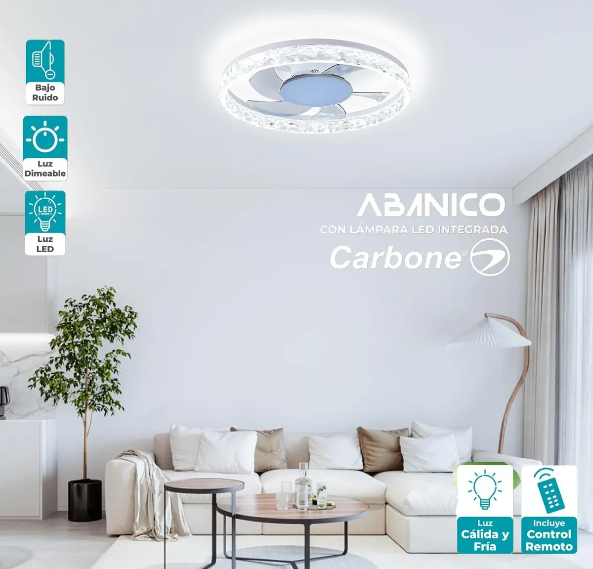Lampara Led Decorativa Abanico De Aspas Retraibles Invisibles Diseño Diamante Cristal Dimeable 3000-6500K 20" (50Cm) 50W 1