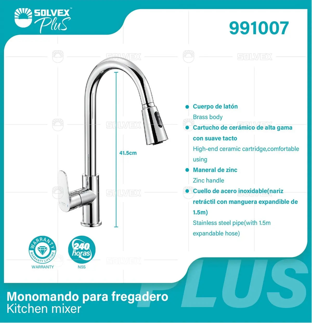 Grifo De Fregador Cromado Con Manguera Extensible. Pluma Llave Para Fregador De Cocina Con 3 Tipos De Chorro. Cuello Cisne. Garantía De Por Vida. 1