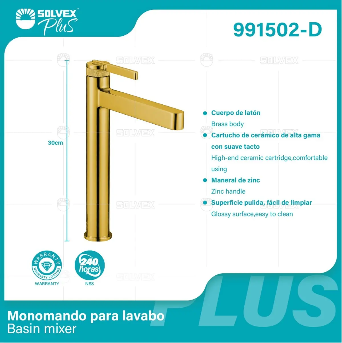 Llave De Lavamanos Individual. Color Dorado. Grifo Para Lavamanos. Pluma Agua Fría Y Caliente. Altura De 30Cm. Garantía De Por Vida. 1