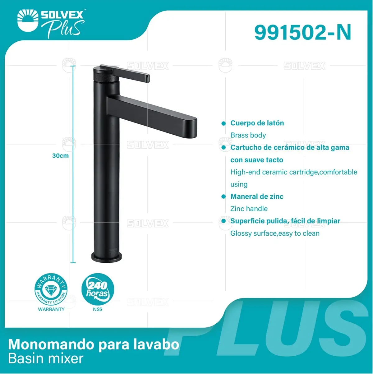 Llave De Lavamanos Individual. Color Negro. Grifo Para Lavamanos. Pluma Agua Fría Y Caliente. Altura De 30Cm. Garantía De Por Vida. 1