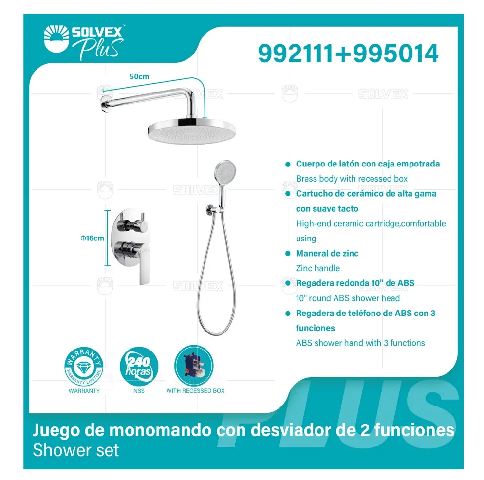 Ducha Para Empotrar. Juego De Mezcladora Monomando Con Regadera Redonda De 10”. Brazo A Pared De 50 Cm. Garantía De Por Vida. 1