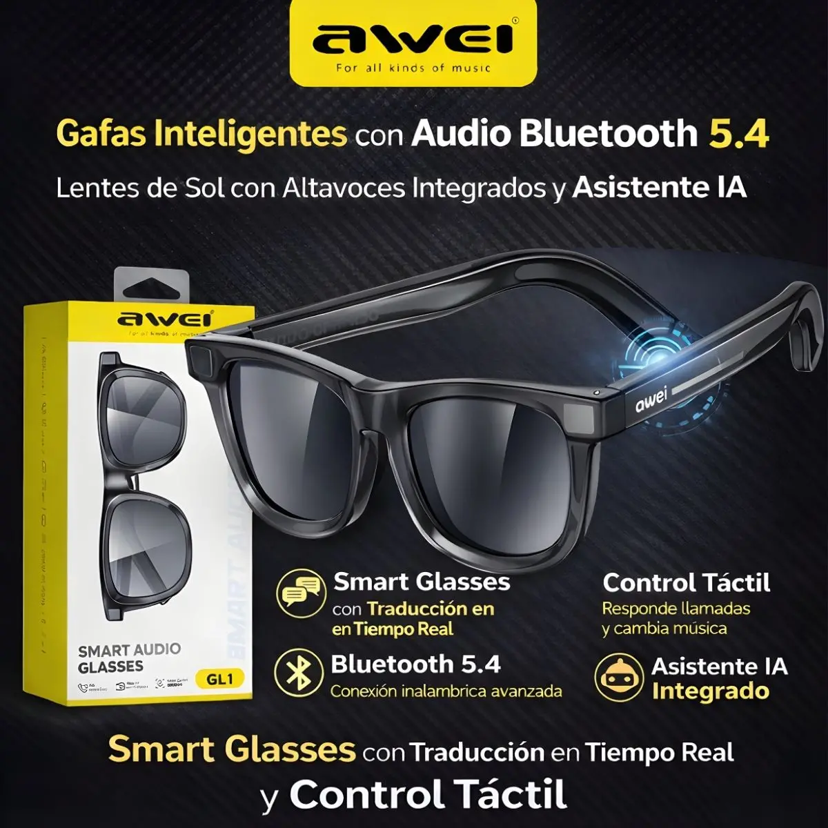 Gafas Inteligentes Con Audio Bluetooth 5.4. Lentes De Sol Con Altavoces Integrados Y Asistente Ia. Smart Glasses Con Traducción En Tiempo Real Y Control Táctil. 1