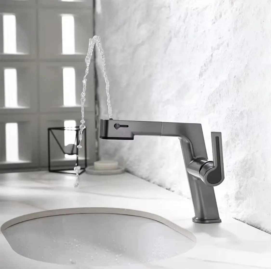 Grifo Para Lavamanos 29 Cm Monomando Manguera Extraible Pluma Lavabo Gris Mate De Alta Calidad 1