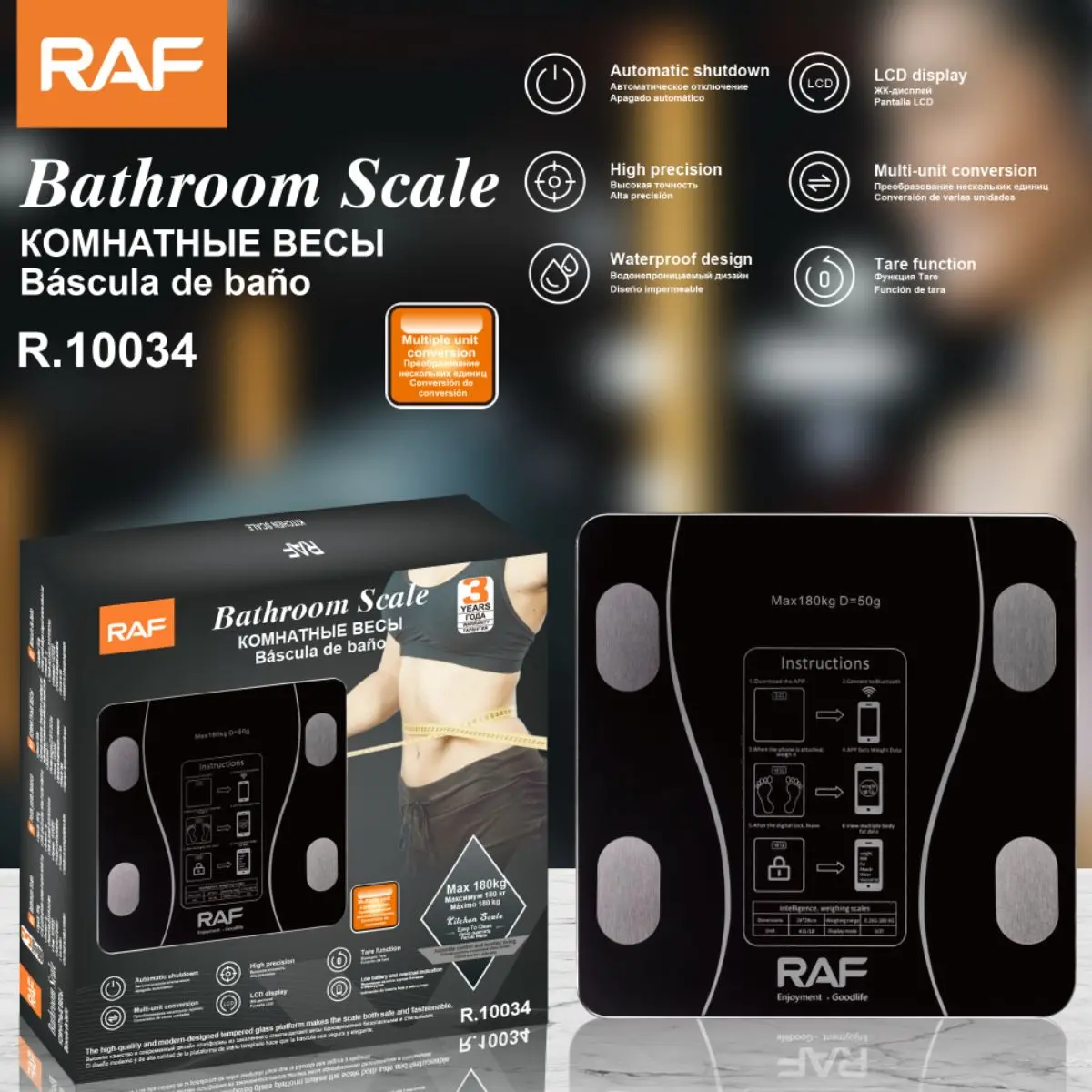 Báscula Digital De Baño 180Kg Con Pantalla Lcd. Balanza De Alta Precisión. Pesa Electrónica Impermeable. Color Negro. 1