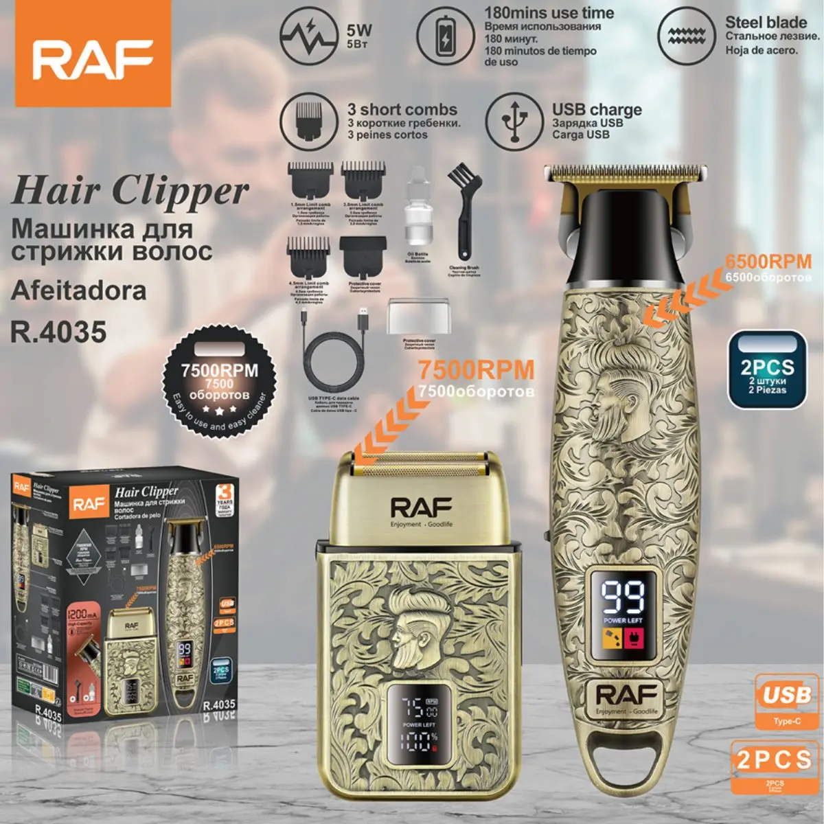 Cortadora De Cabello Eléctrica Profesional. (Set De 2 Piezas) Afeitadora Recargable Usb Con Cuchilla De Acero Y Pantalla Digital. 7500Rpm. 1