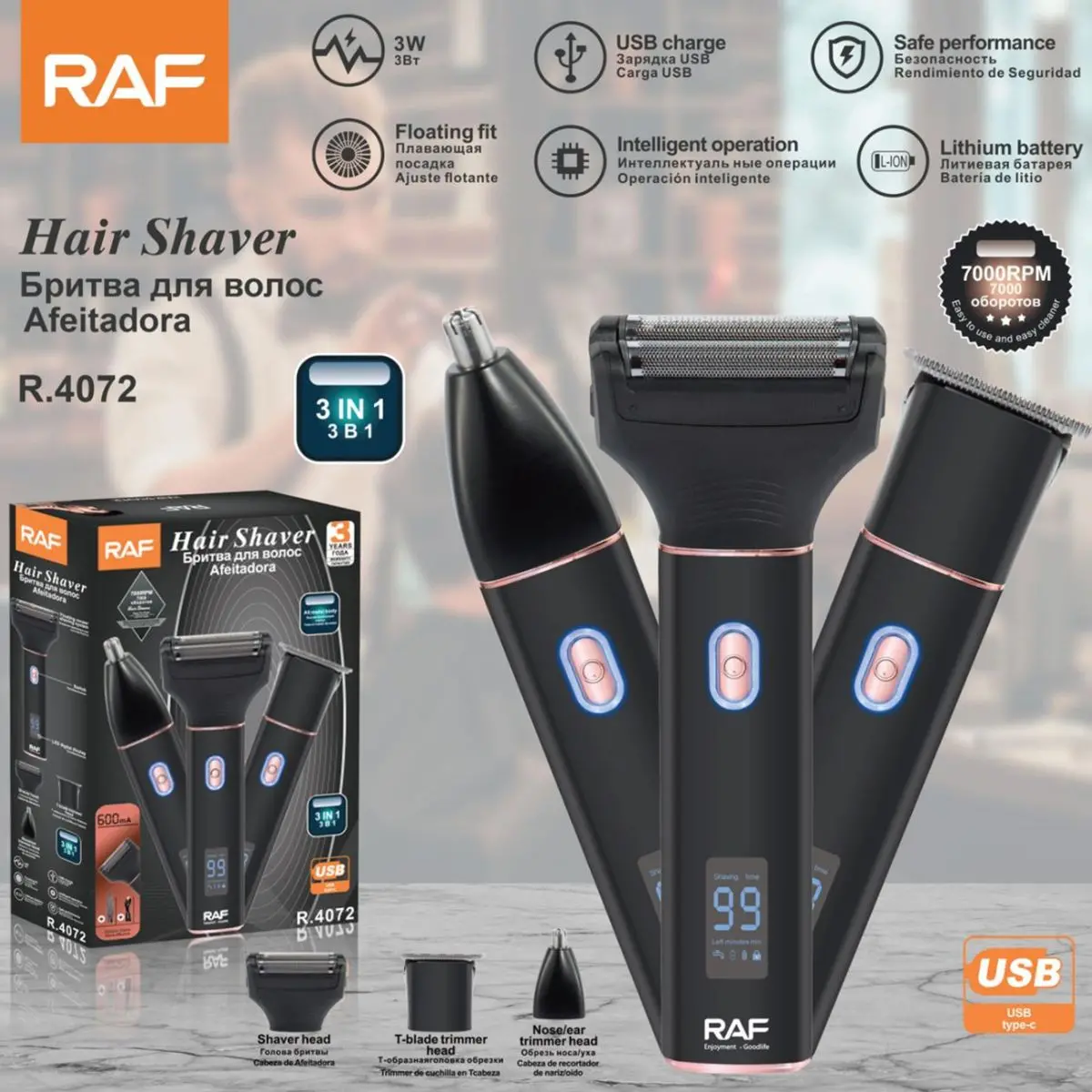 Afeitadora Eléctrica 3 En 1 Recargable Usb 7000Rpm. Rasuradora Multifuncional Con Cabezales Intercambiables Para Barba, Nariz Y Patillas. 1