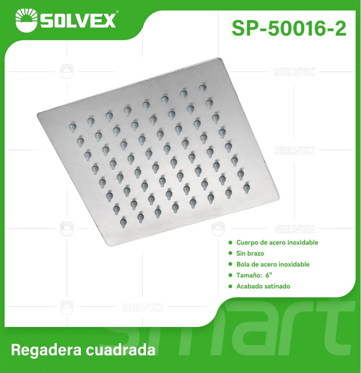 Cabezal De Ducha Cuadrado 6" Satinado. Regadera De Acero Inoxidable Cepillada. 1