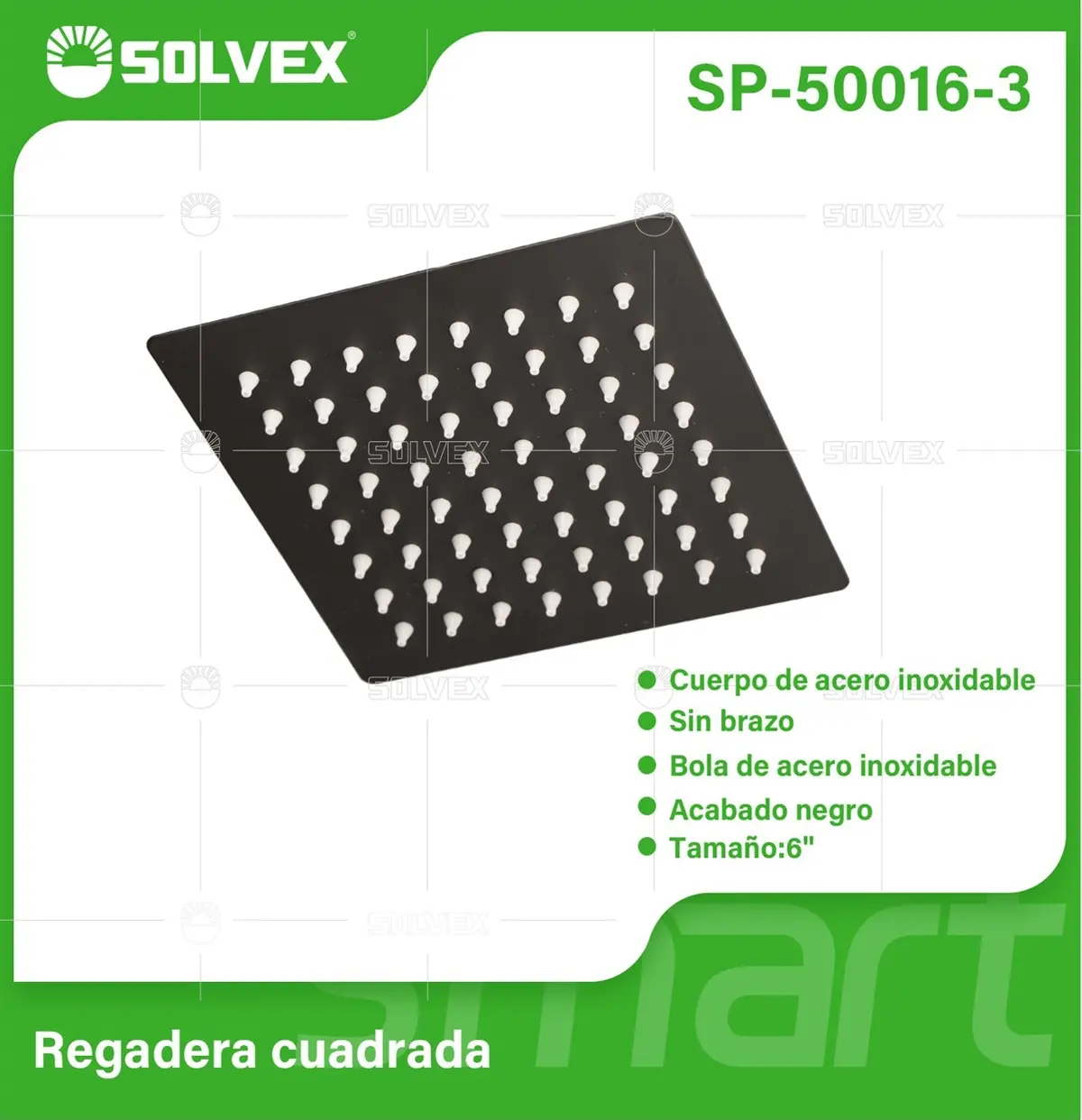 Regadera Para Ducha Cuadrada 6". Cabezal De Acero Inoxidable Con Acabado Negro Mate. 1