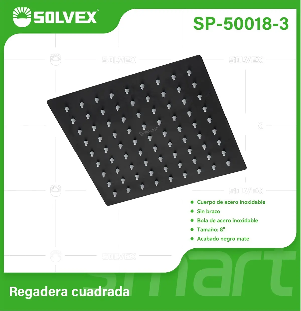 Regadera Para Ducha Cuadrada 8". Cabezal De Acero Inoxidable Con Acabado Negro Mate. 1