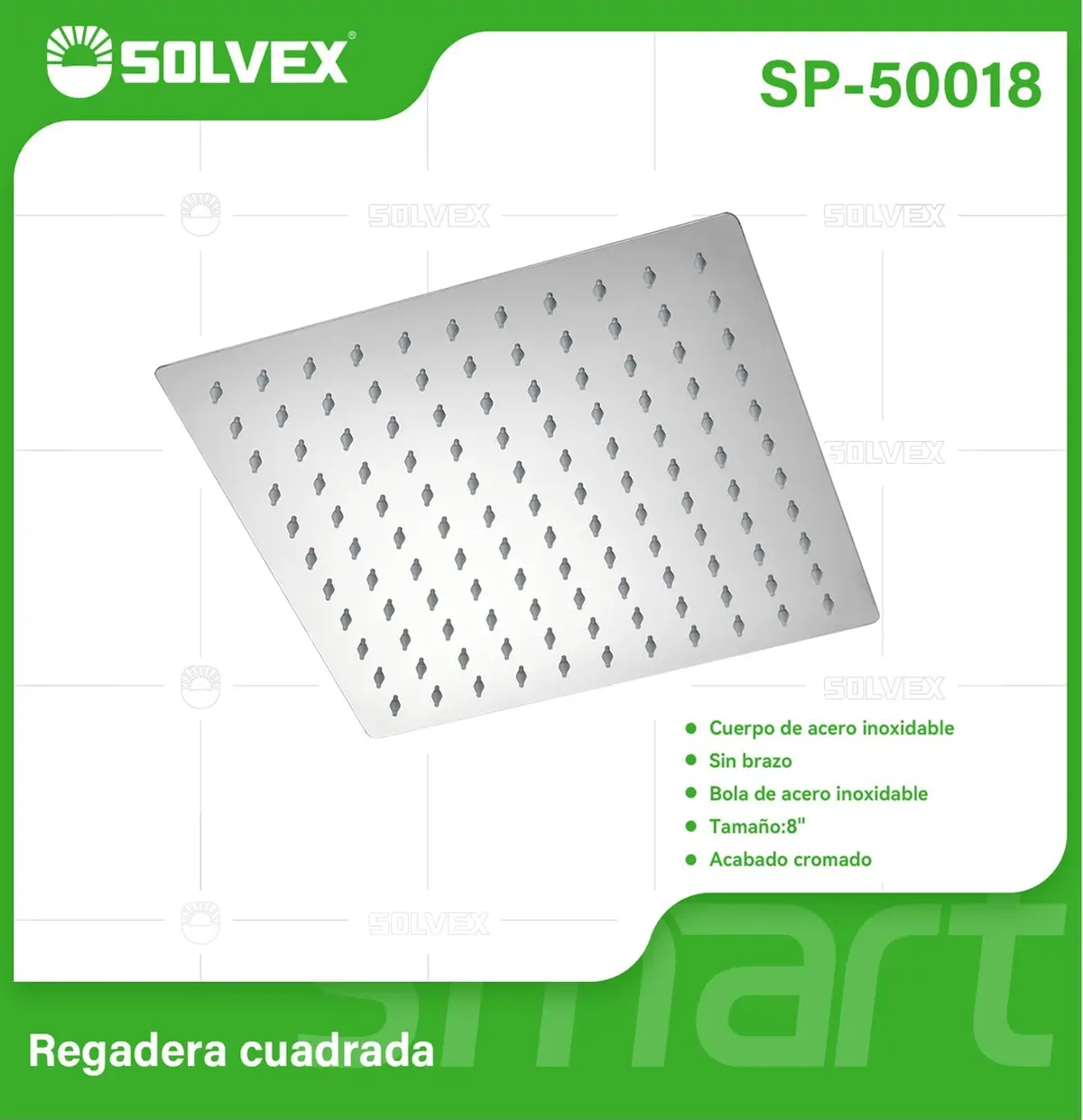 Cabezal De Ducha Cuadrado 8". Regadera De Acero Inoxidable Cromada. 1