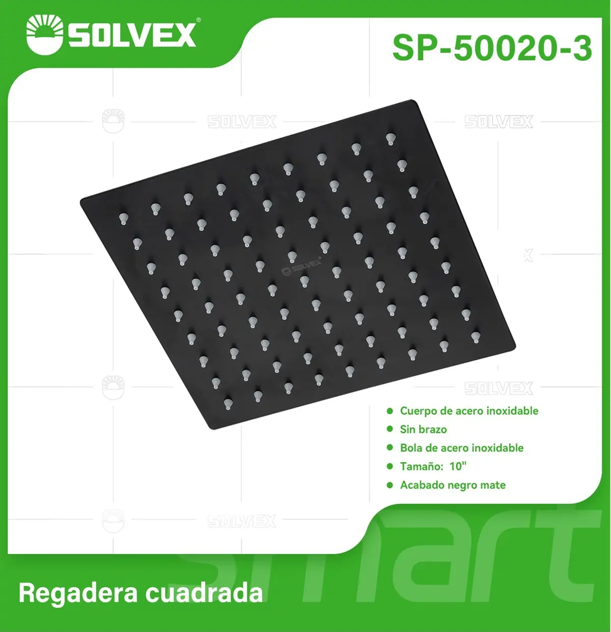 Regadera Para Ducha Cuadrada 10". Cabezal De Acero Inoxidable Con Acabado Negro Mate. 1
