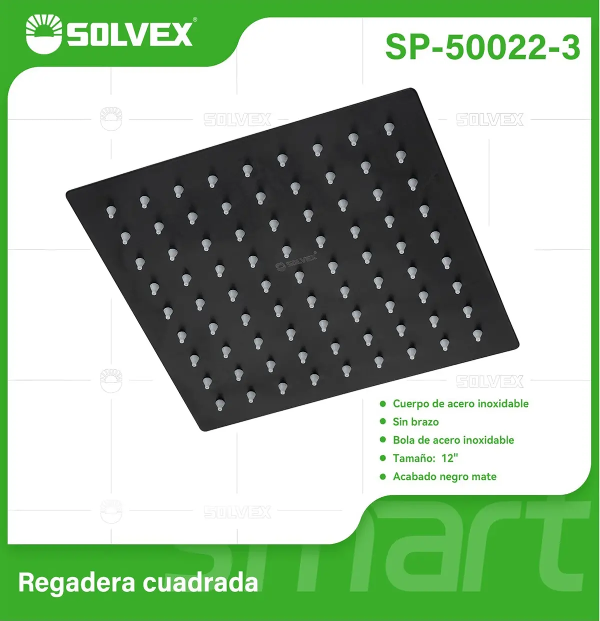 Regadera Para Ducha Cuadrada 12". Cabezal De Acero Inoxidable Con Acabado Negro Mate. 1