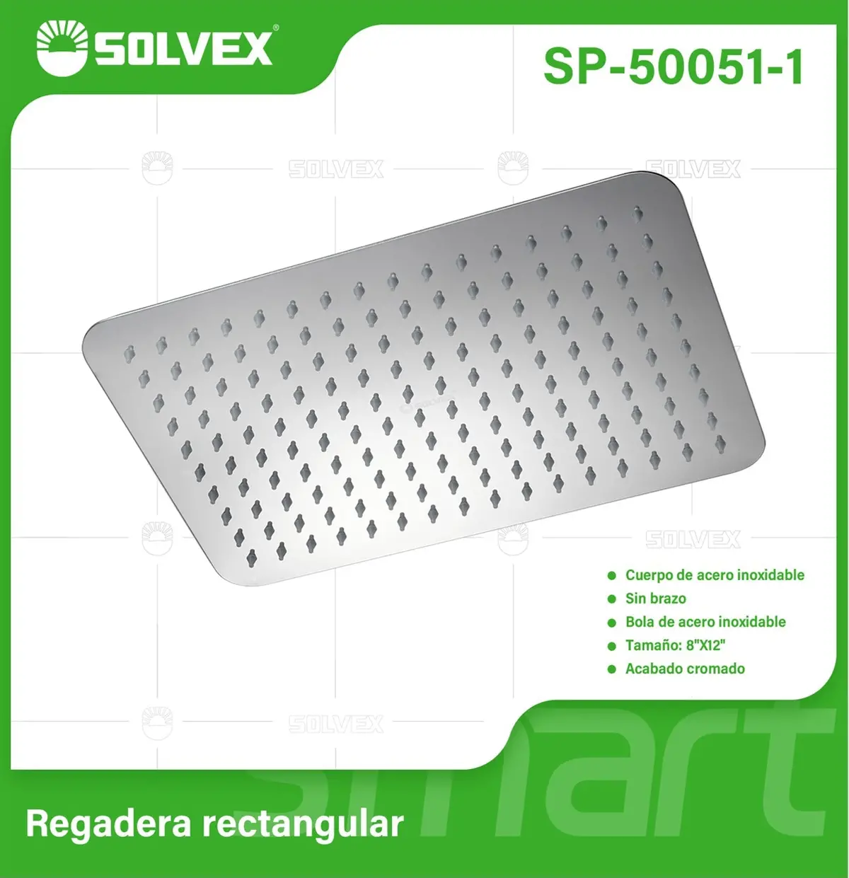 Regadera Para Ducha Rectangular 8"X12" Cromada. Cabezal De Acero Inoxidable Resistente. 1