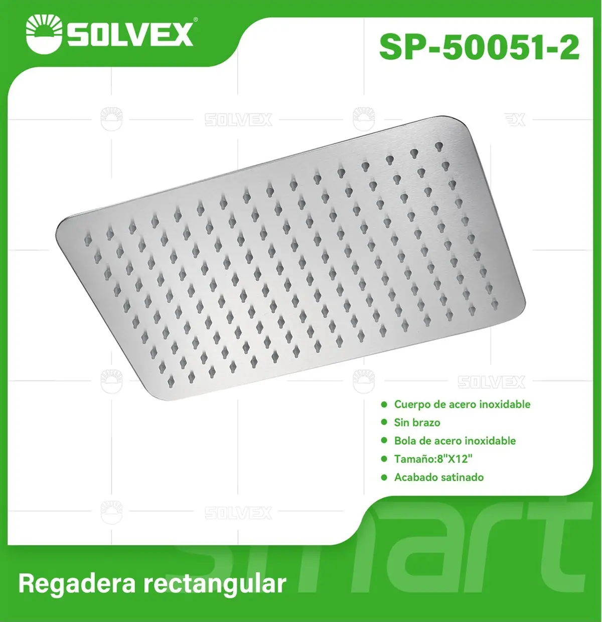 Regadera Para Ducha Rectangular 8"X12" Satinada. Cabezal De Acero Inoxidable Cepillado. 1
