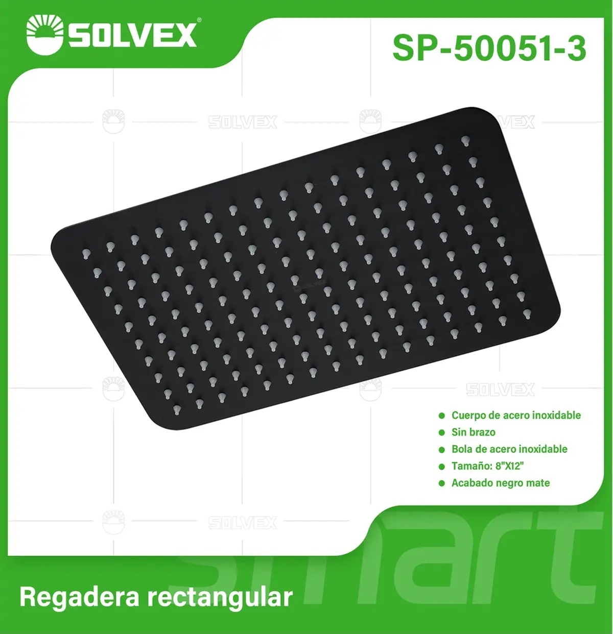 Regadera Para Ducha Rectangular 8"X12" Negra. Cabezal De Acero Inoxidable Acabado Mate. 1