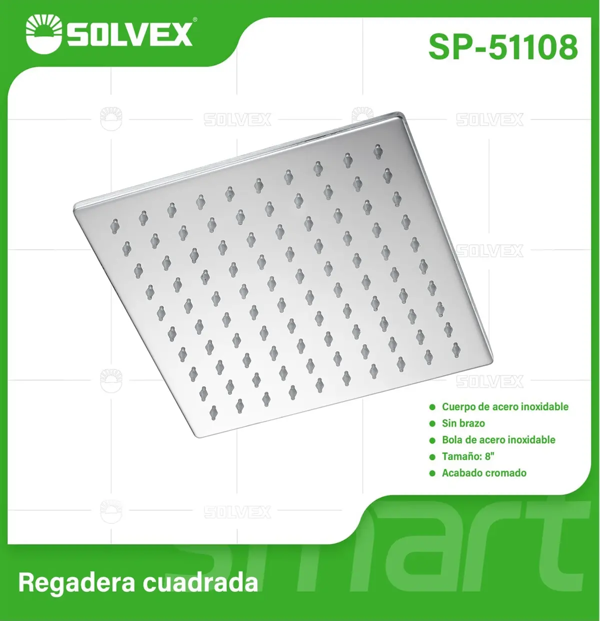 Regadera Para Ducha Cuadrada 8" Cromada. Cabezal De Acero Inoxidable Resistente. 1