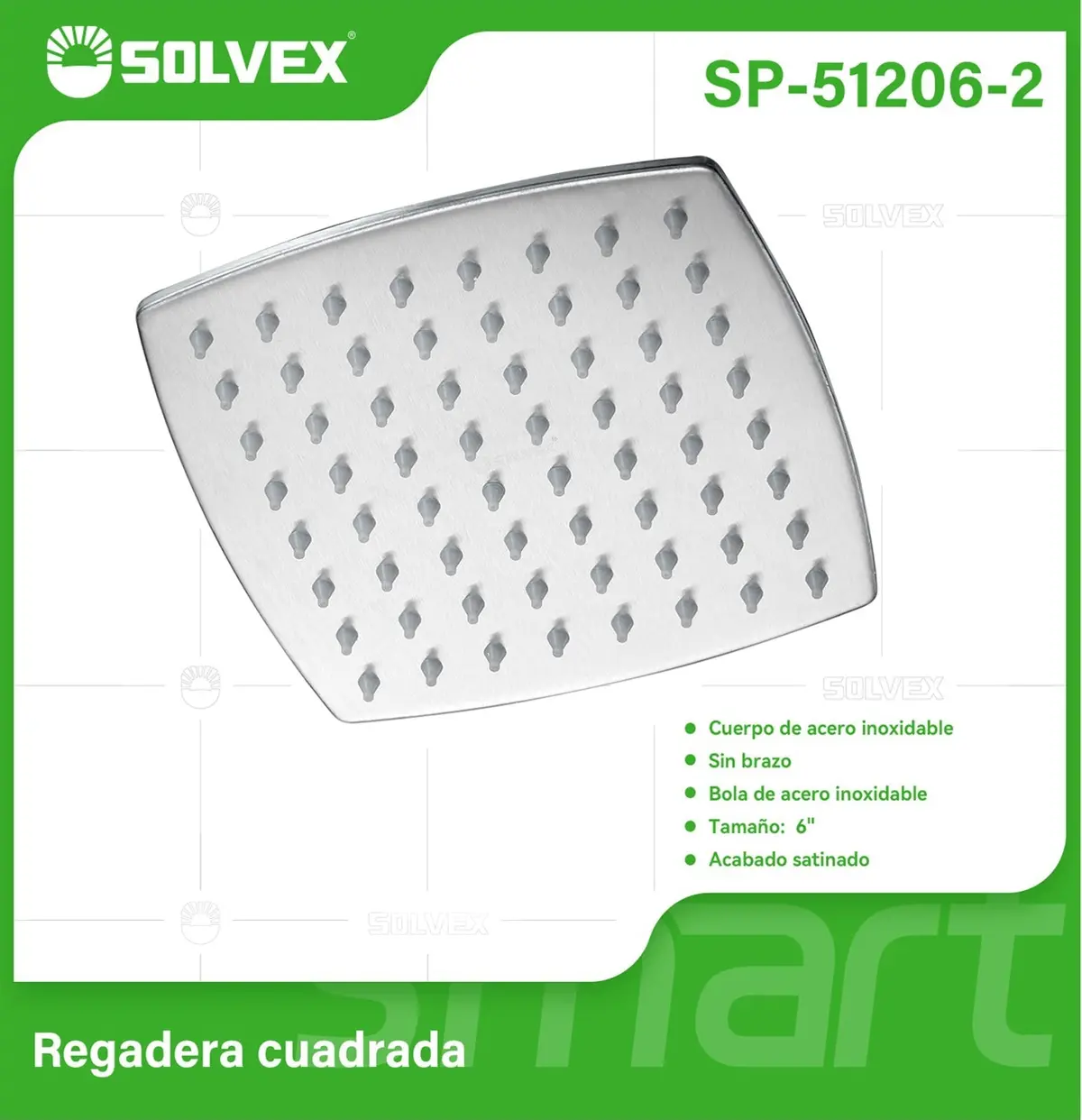 Regadera Para Ducha Cuadrada 6" Satinada. Cabezal De Acero Inoxidable Cepillado. 1