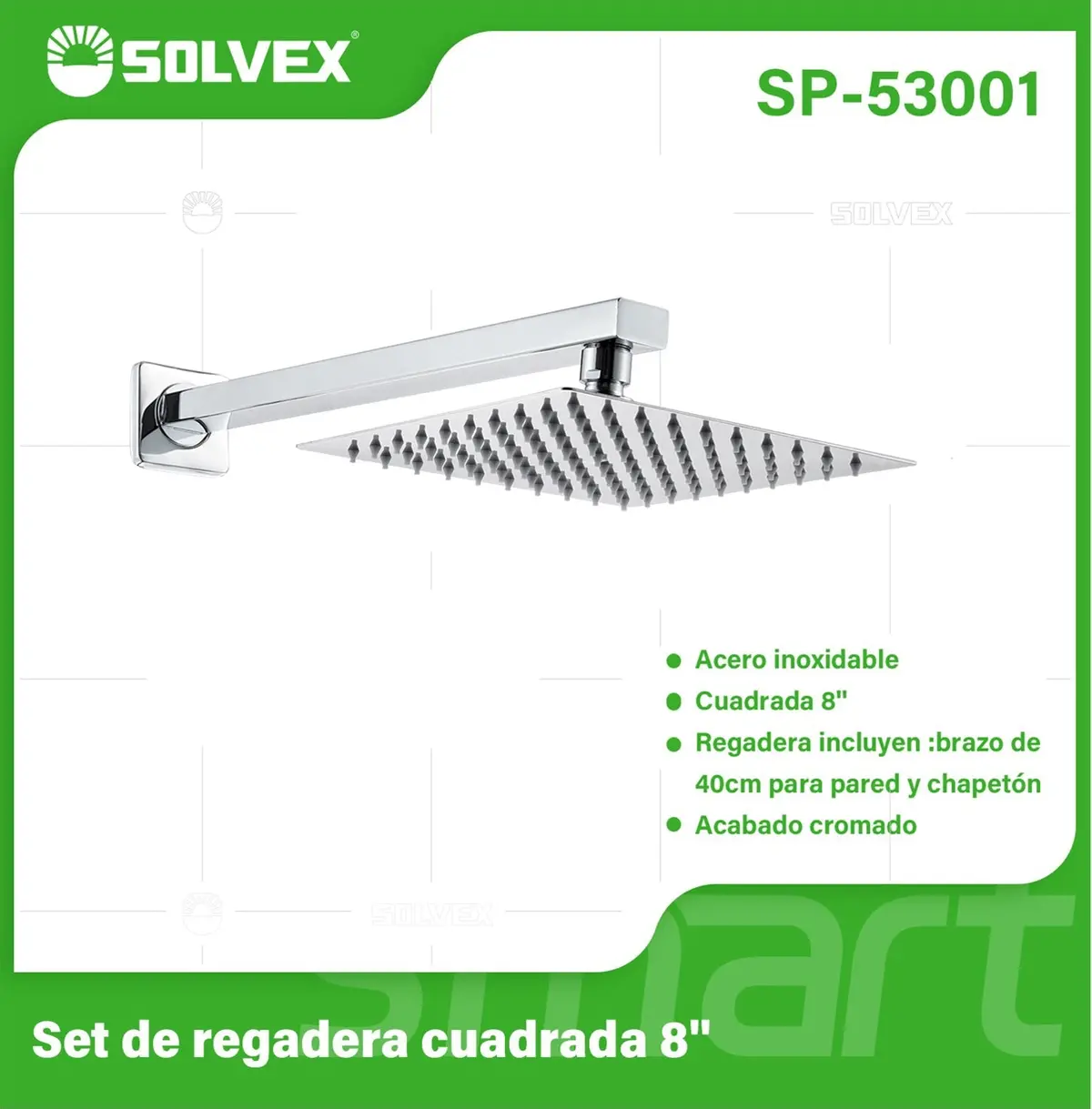 Regadera Cuadrada 8" Con Brazo De 40 Cm. Set De Ducha Acero Inoxidable Cromado. 1