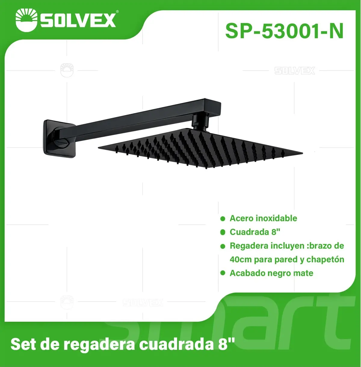 Regadera Cuadrada 8" Con Brazo De 40 Cm. Set De Ducha Acero Inoxidable. Color Negro. 1