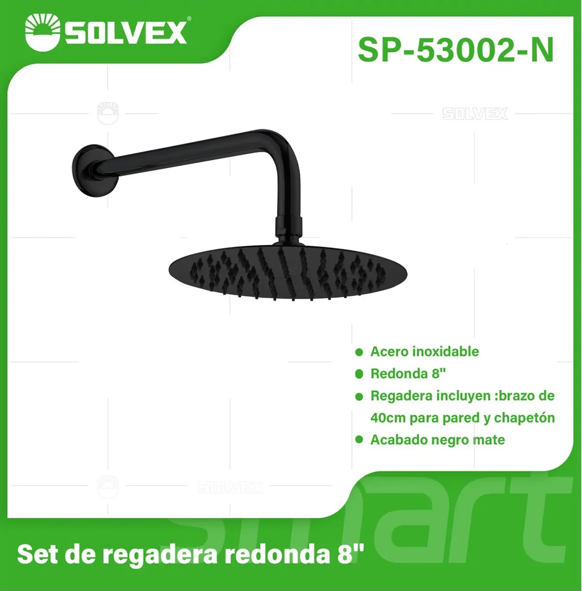 Regadera Para Ducha Redonda 8". Acero Inoxidable Con Brazo Y Chapetón. Color Negro. 1