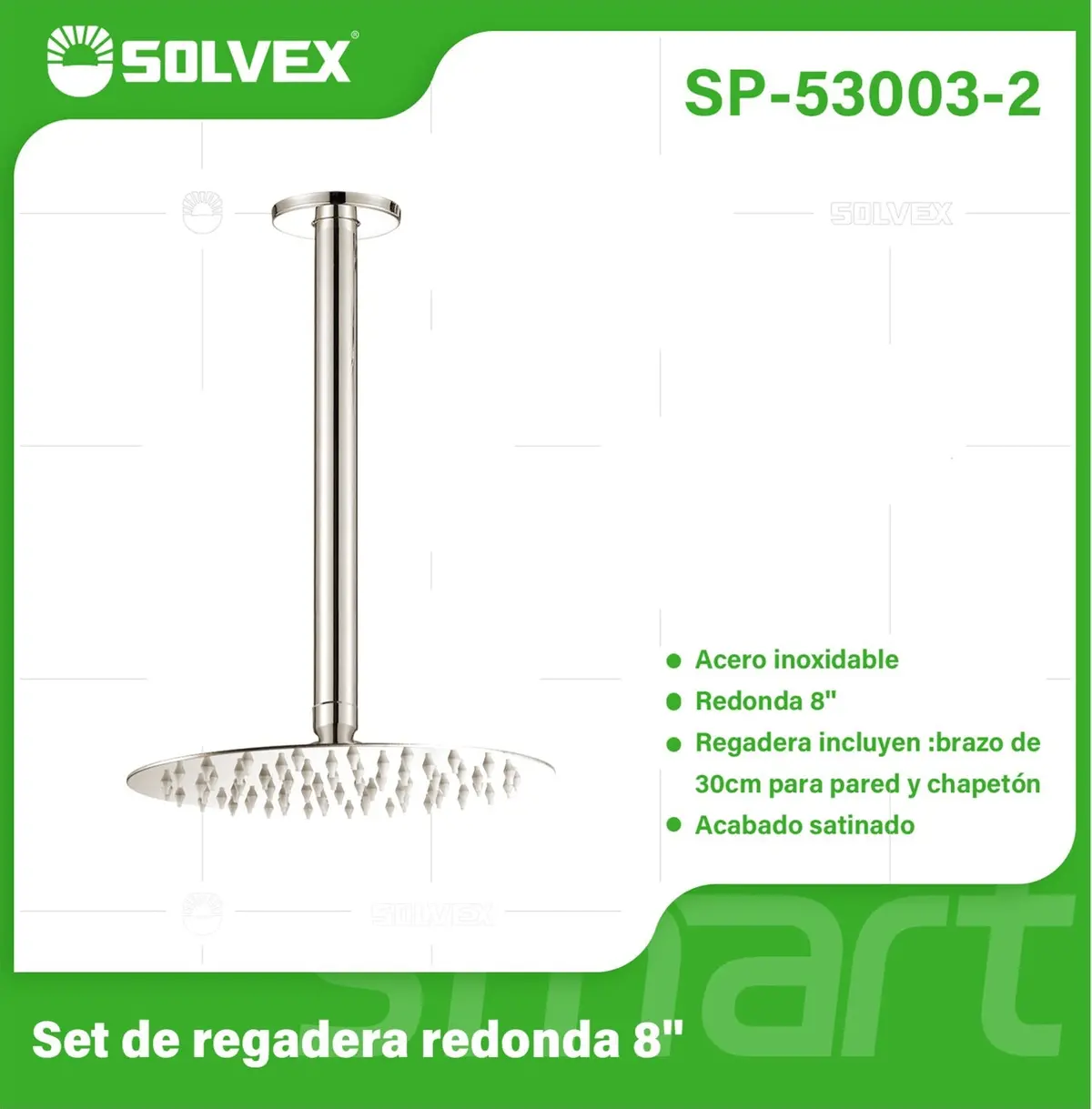 Regadera Redonda Para Ducha Tipo Lluvia 8". Acero Inoxidable Con Brazo De Techo. Acabado Satinado. 1