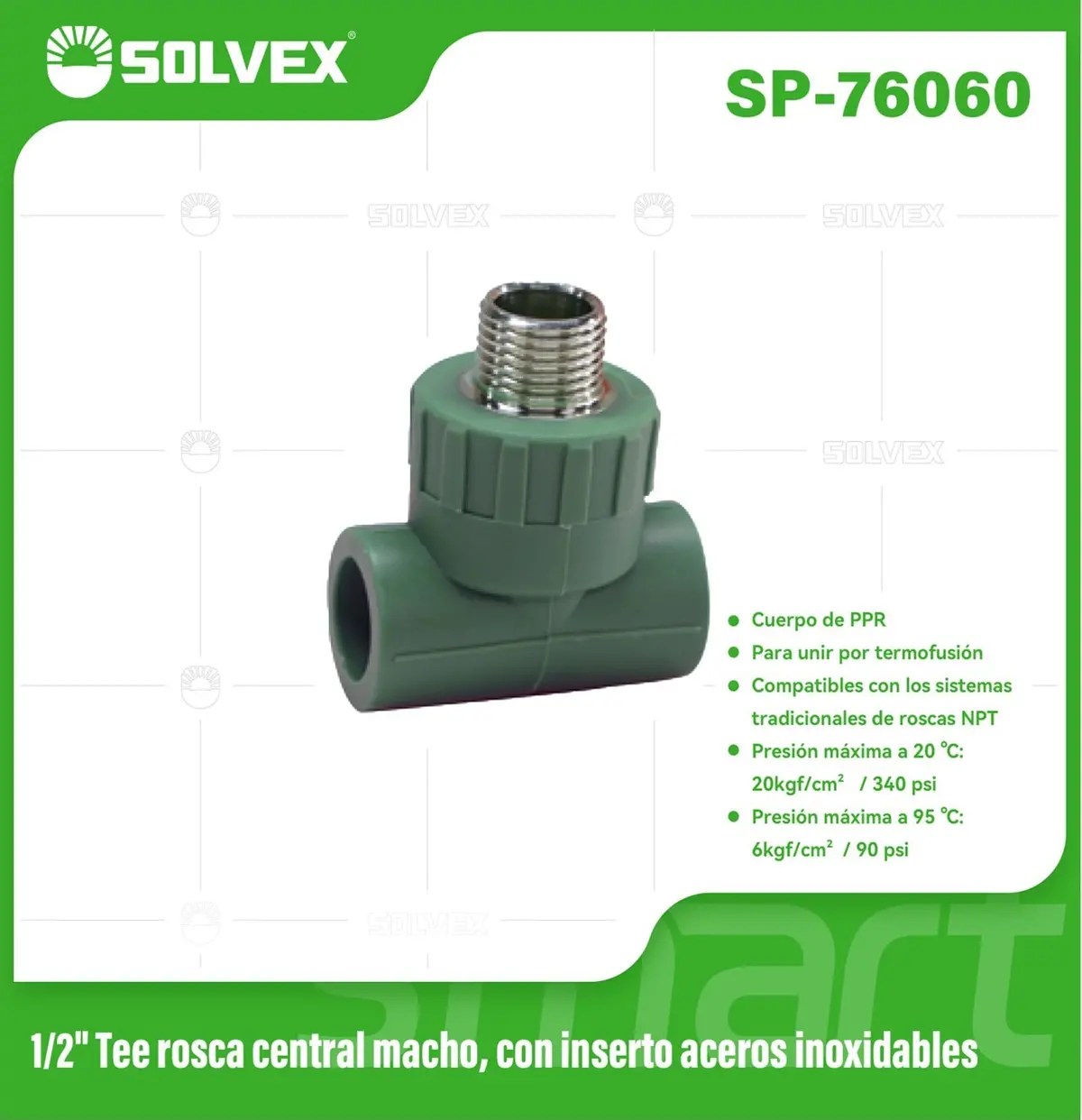 Tee Ppr 1/2" Con Rosca Central Macho E Inserto De Acero Inoxidable. Conector Termofusión Para Agua. 1