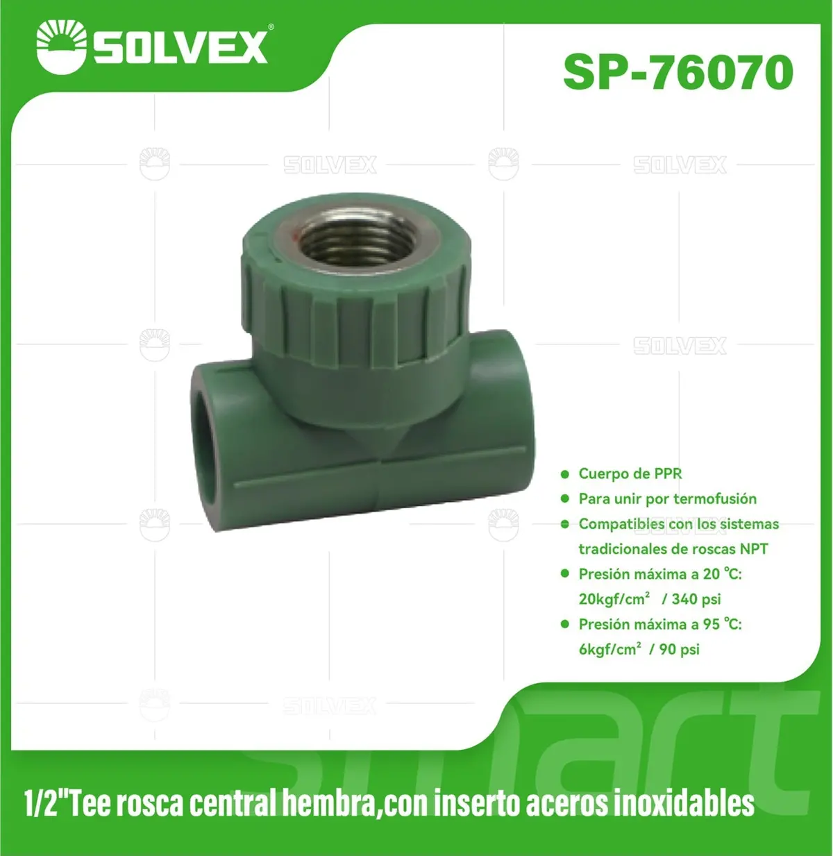 Tee Ppr 1/2" Con Rosca Central Hembra E Inserto De Acero Inoxidable. Conector Termofusión Para Agua. 1