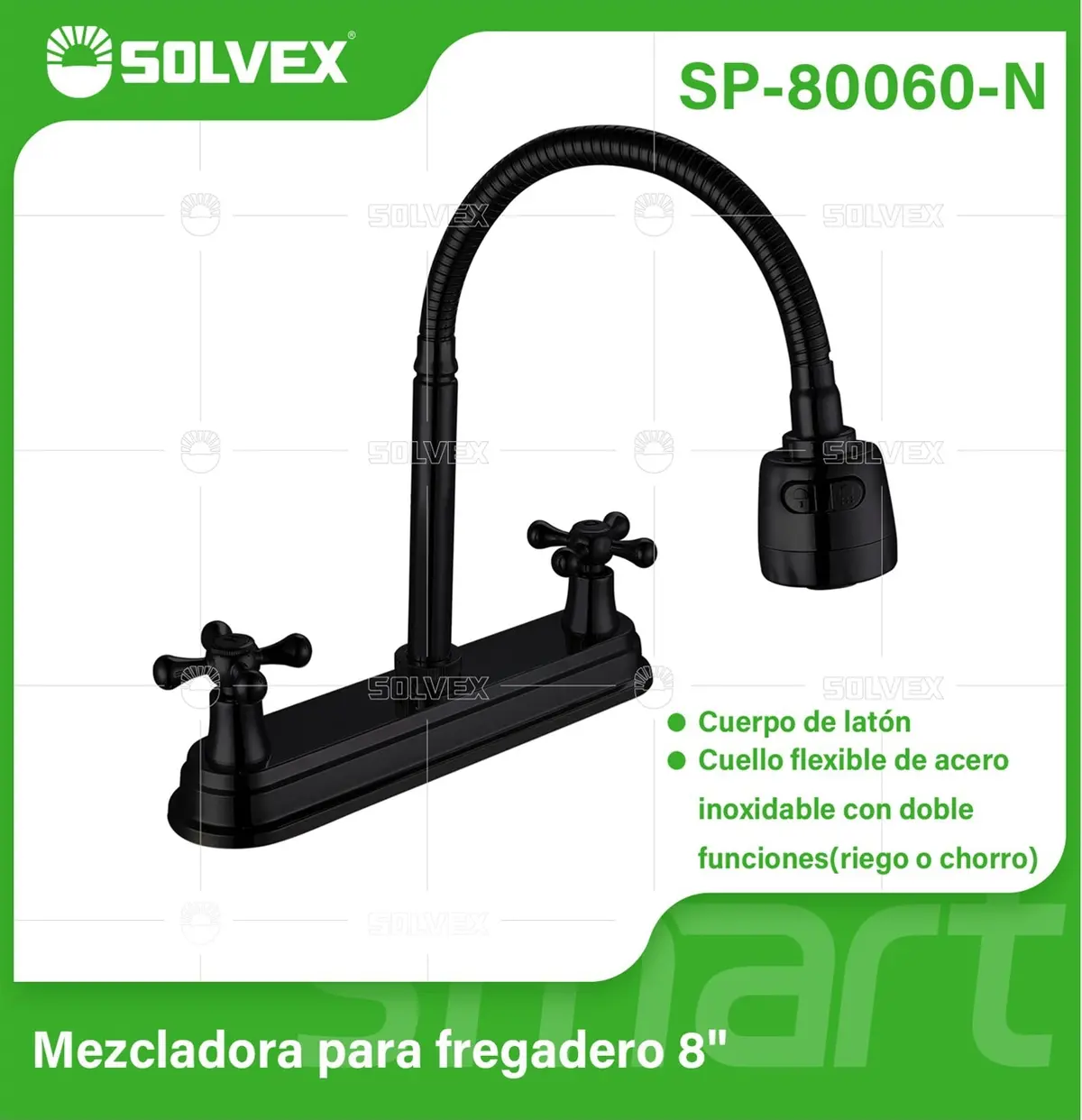 Grifo Para Fregador Con Pluma Flexible De 8" En Acabado Negro Mate. Llave Doble Función Riego O Chorro. 1