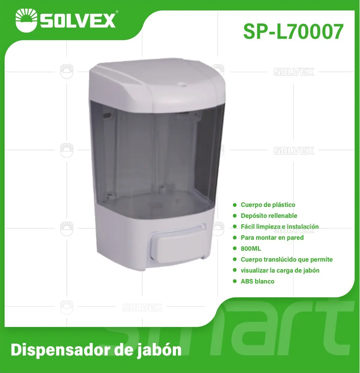 Dispensador De Jabón Líquido De Pared 800Ml. Color Blanco Con Cuerpo Translúcido. 1