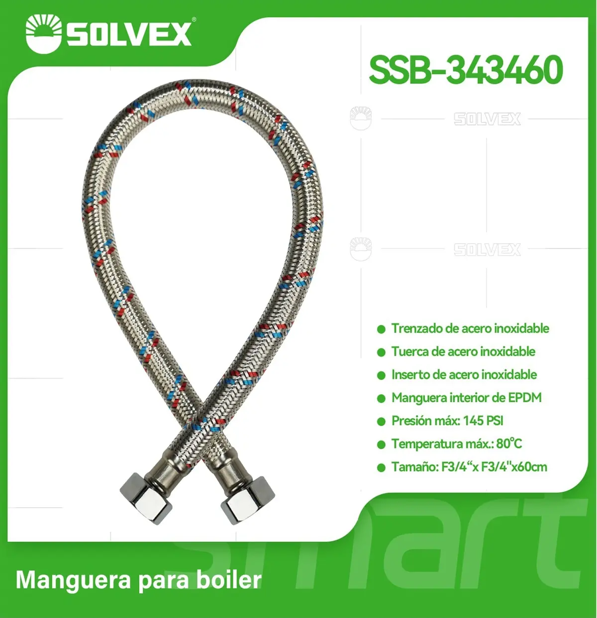Manguera Flexible Para Boiler 60Cm. Tubo De Abasto Trenzado En Acero Inoxidable Para Calentadores H3/4" X H3/4". 1