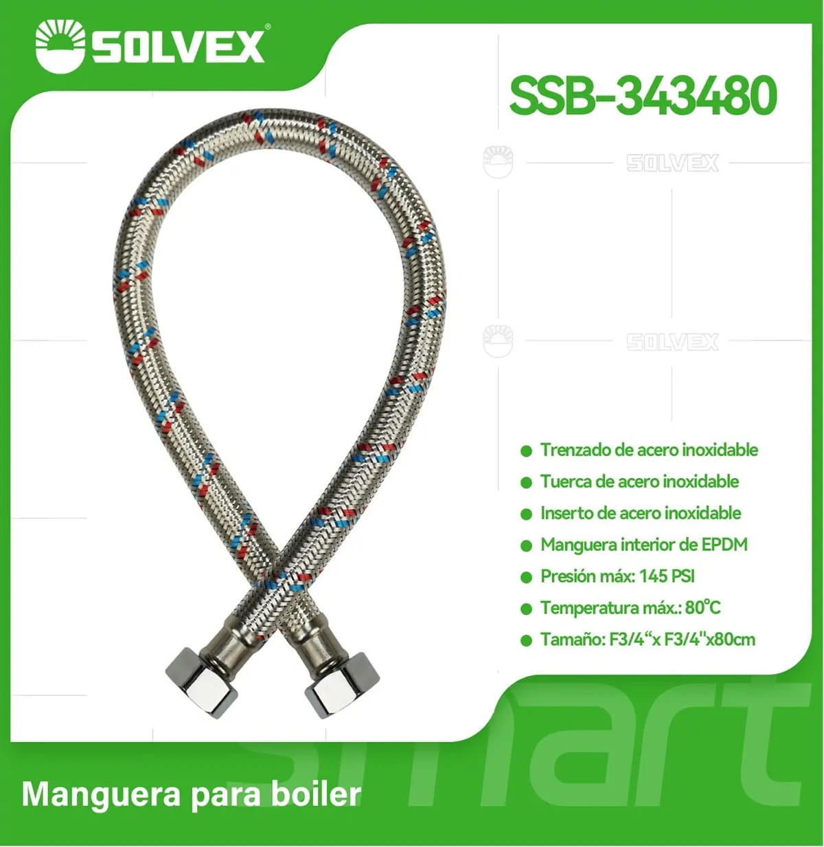 Manguera Flexible Para Boiler 80Cm. Tubo De Abasto Trenzado En Acero Inoxidable Para Calentadores H3/4" X H3/4". 1