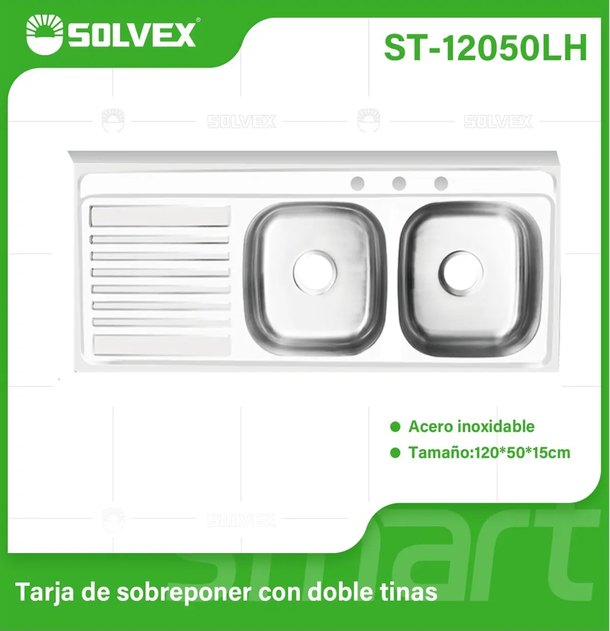 Fregador De Cocina Doble Tina 120X50x15cm. Acero Inoxidable Con Escurridor Y 3 Orificios. Superficie Cepillada. 1