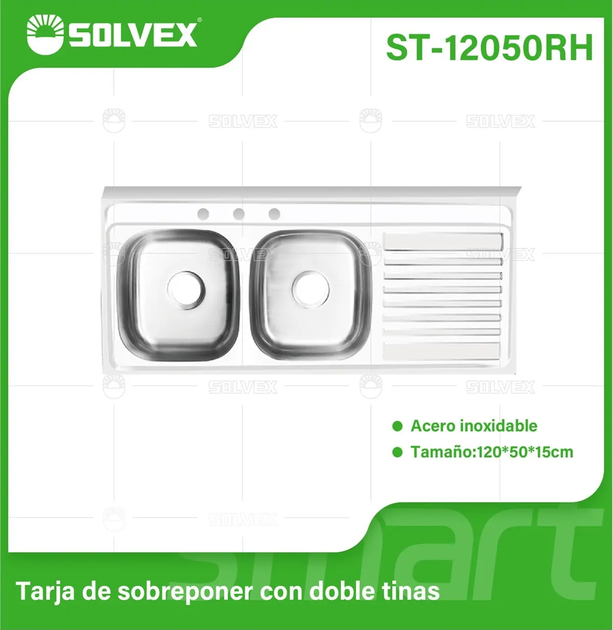 Fregador De Cocina Doble Tina 120X50x15cm. Acero Inoxidable Con Escurridor Derecho Y 3 Orificios Superficie Cepillada. 1