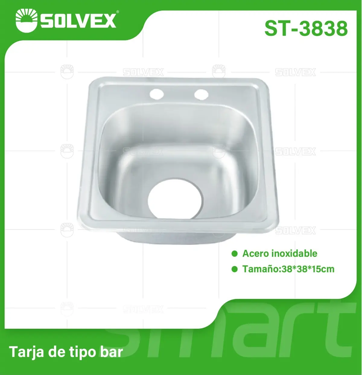 Fregador De Cocina Tipo Bar 38X38x15cm. Acero Inoxidable Con 2 Orificios. Superficie Cepillada. 1