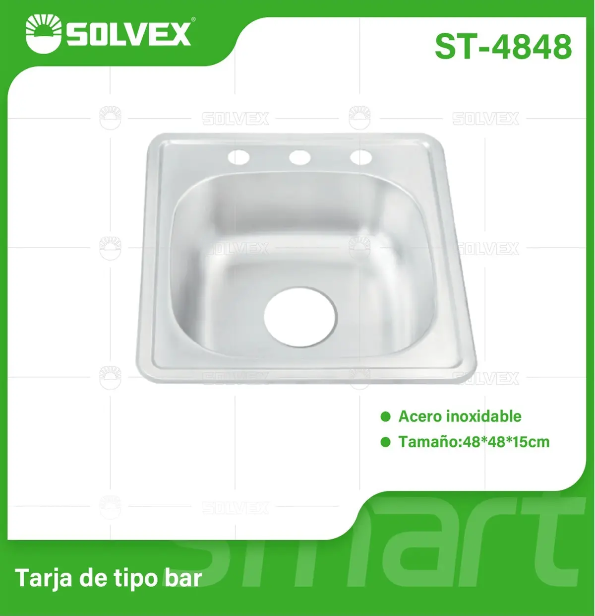 Fregador De Cocina Tipo Bar 48X48x15cm. Acero Inoxidable Con 3 Orificios Para Grifo. Superficie Cepillada. 1