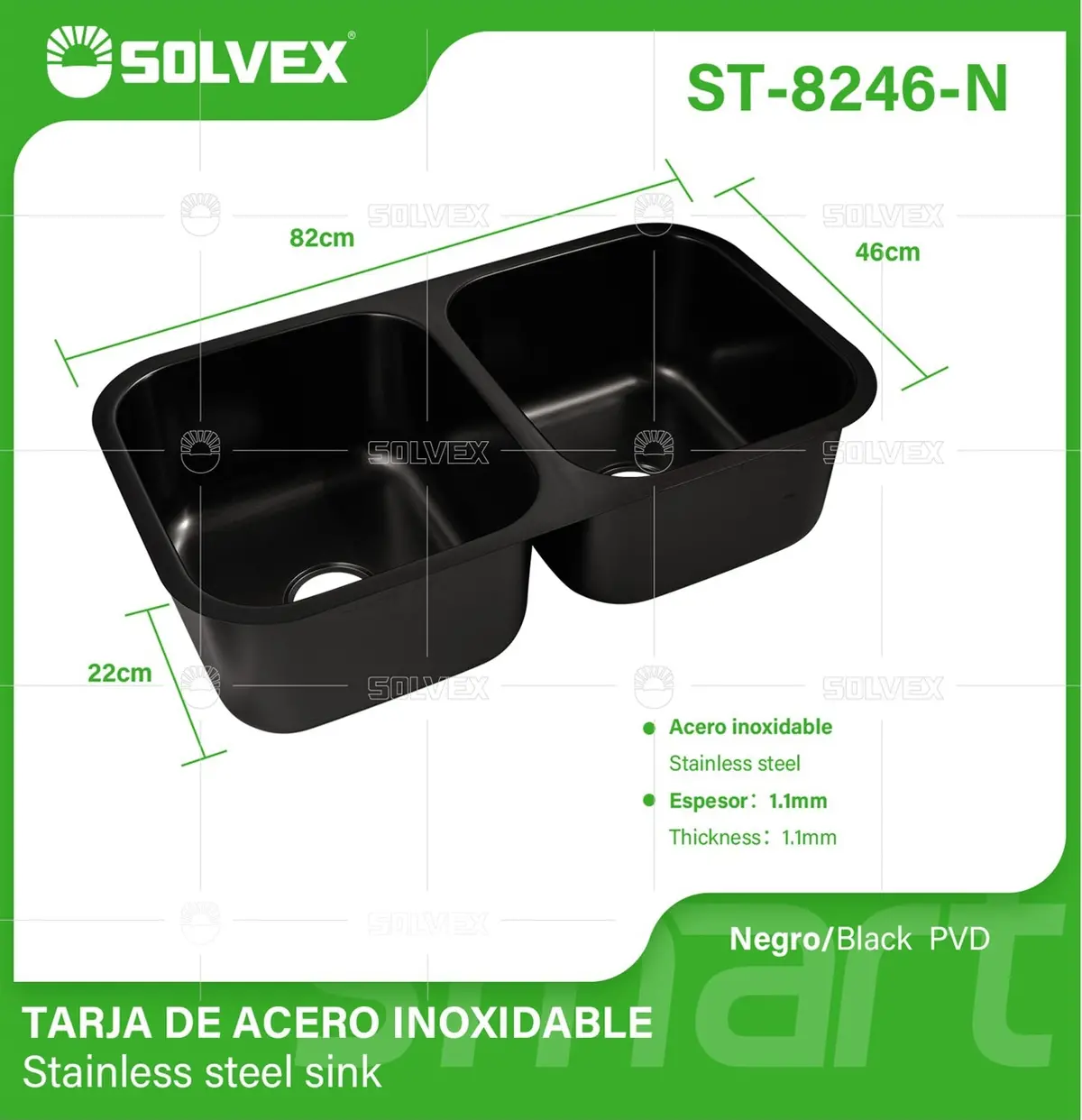 Fregador De Cocina Doble 82X46x22cm. Acero Inoxidable. Color Negro. 1