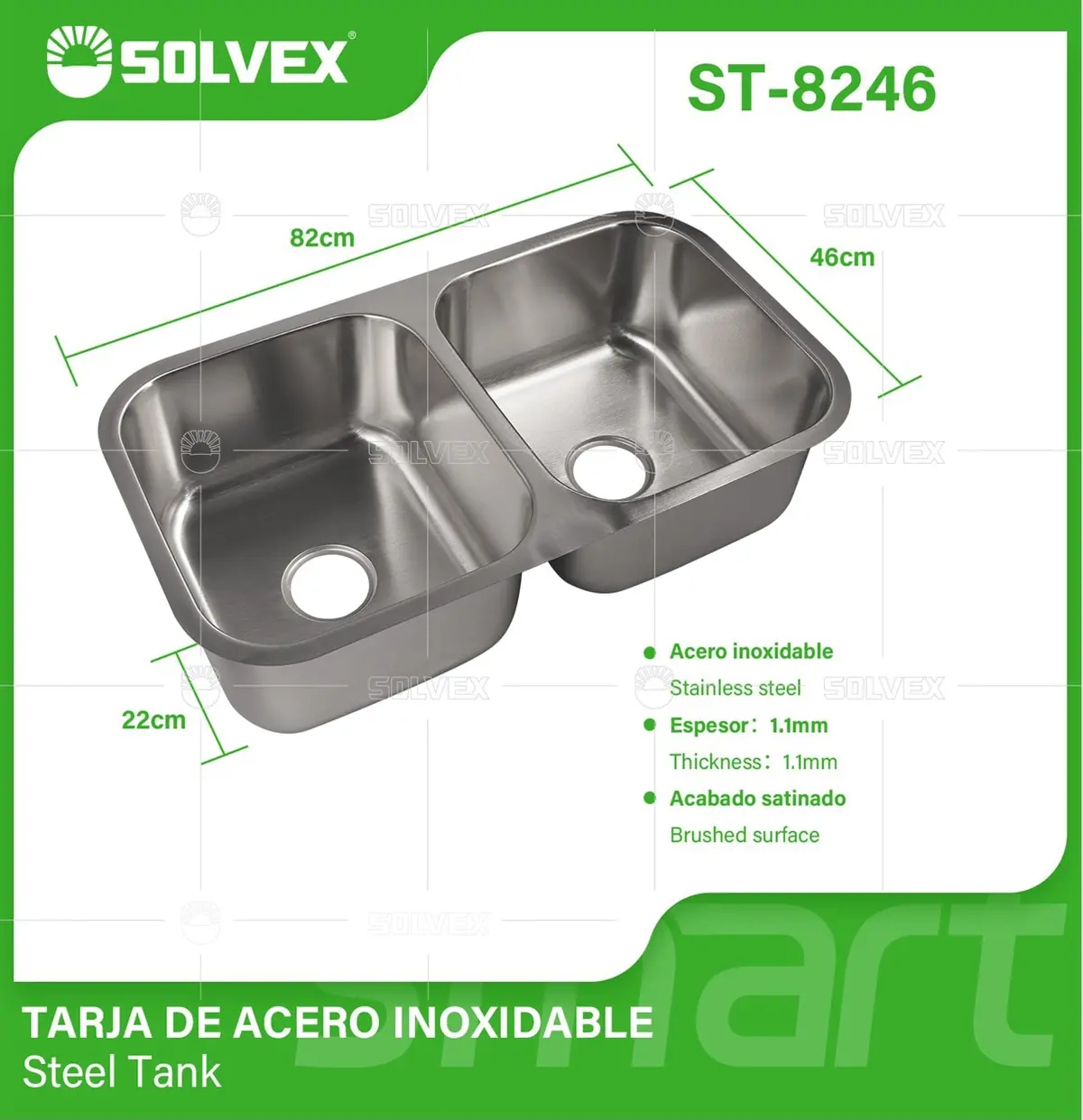 Fregador De Cocina Doble 82X46x22cm. Acero Inoxidable. Superficie Cepillada. 1