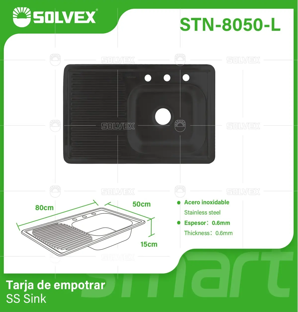 Fregador De Cocina Empotrable 80X50x15cm Con Tina Izquierda. Acero Inoxidable. Color Negro. 1