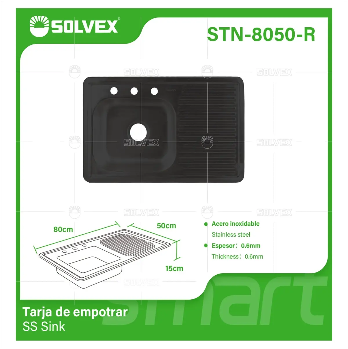 Fregador De Cocina Empotrable 80X50x15cm. Acero Inoxidable. Color Negro. 1