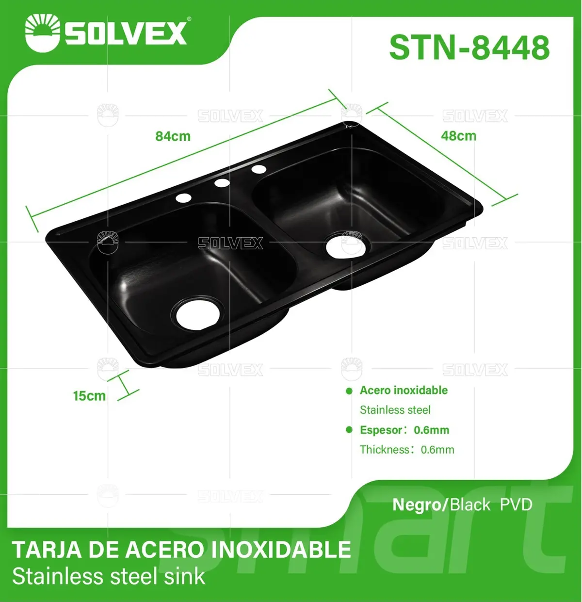 Fregador De Cocina Empotrable Con Doble Tina 84X48x15cm. Acero Inoxidable. Color Negro. 1
