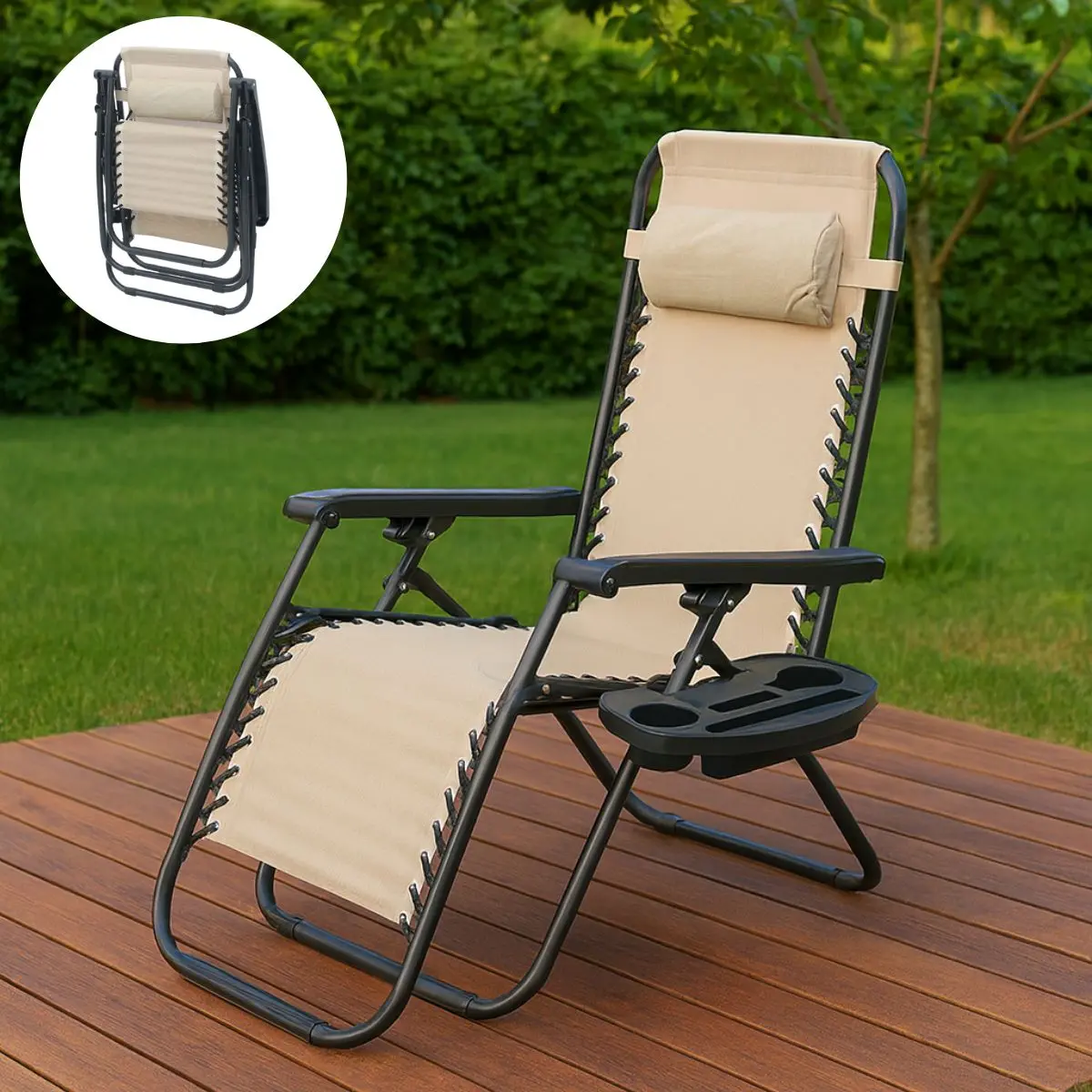 Silla Reclinable Plegable Para Exteriores Con Cojín Y Portavasos. Ideal Para Terraza, Jardín O Camping. Color Crema. 1