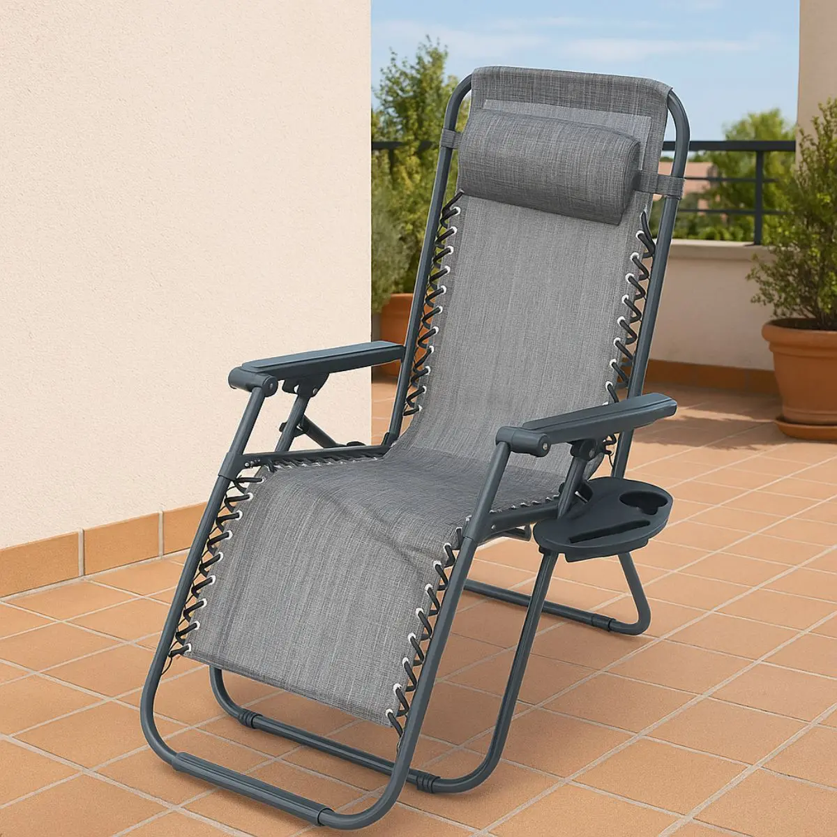 Silla Reclinable Plegable Para Exteriores Con Cojín Y Portavasos. Ideal Para Terraza, Jardín O Camping. Color Gris. 1